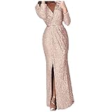 SUccess Damen Abendkleid Hochzeitskleid Frauen Pailletten Festliches Kleid Glänzend Tiefer V-Ausschnitt Schlitz Hohe Taille Elegante Maxikleid Partykleid Cocktailkleider Glitzerkleid Lang