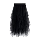WangsCanis Damen Tüllrock Elastische Taille Unterrock Ballettrock Faltenrock Maxirock Sheer Tutu Tüll Rock, Einheitsgröße, Schwarz Knieläng