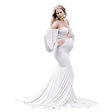 FYMNSI Umstandskleid Schwangere Elegante Fotografie Stützen Mutterschaft Schulterfreies Langarm Langes Abendkleid Damen Hochzeitskleid Bodenlänge Umstandsmode Fotoshooting Kleidung Apricot M
