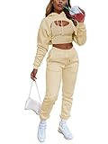 Lässiger Trainingsanzug für Damen, 3-teiliges Sweatshirt, bauchfreies Oberteil, mit Kapuze und langen Ärmeln und Kordelzug, einfarbig, Sportanzug, aprikose, 36