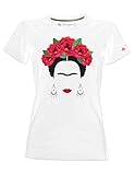 Frida Kahlo T-Shirt Offizier mit Rosen und Ohrringen - Wei§ - L