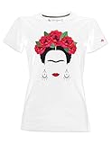 Frida Kahlo T-Shirt Offizier mit Rosen und Ohrringen - Wei§ - S