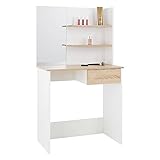 ECD Germany Schminktisch mit Spiegel, Schublade, 2 Fächern, 75x40x135 cm, Weiß Sonoma Eiche, aus MDF Holz, Moderne Schlafzimmer Kosmetiktisch Schminkkommode Frisiertisch Frisierkommode Make-up T