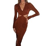 Aststle Frauen Sexy Neckholder Taille Bodycon Kleid Button Down Revers Kragen Langarm Einteiler Outfit Casual Herbst Streetwear, braun, S