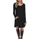 Hirolan Damen Enges Kleid Sommerkleid Rundhals Dress Bodycon Minikleid Frau Lange Ärmel Tasche Beiläufig Lose Longshirt T-Shirtkleid Casual Party Tunika Kleider (Schwarz, M)