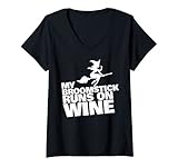 Damen My Broomstick runs on wine Lustige Halloween Hexe T-Shirt mit V