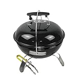 FLAMY Tragbarer Picknick-Grill, Kugelgrill, Holzkohle-Grill, runder Grill, mobiler Grill, für Outdoor-Garten, Camping und Picknick-Grill, schwarz, 35,6