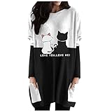 Kittoy FeiBeauty Sweatshirt Damen Rundhals Pullover Katzendruck Langarmshirt Longshirt Farbblock Oberteile Top Casual Lässige Tunika Bluse Tops Freizeit Langarmshirt Lose T-Shirt Bluse Streetw