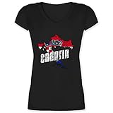 Fussball WM 2022 Fanartikel - Croatia Umriss Vintage - XXL - Schwarz - XO1525 - XO1525 - Damen T-Shirt mit V