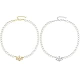 Perlen Ketten, 2 Stück Zinklegierung Saturn Perlenketten, Kristall Strass Halskette, Diamant Perle Kristall Strass Schlüsselbein Kette,Temperament, Einfache, für Frauen Mädchen (Gold, Silber)