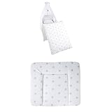 roba Kinder-Bettgarnitur 4-tlg, Babybett-Ausstattung, Bettset 4-teilig: Bettwäsche 100x135 (Decke & Kissen), Nestchen, Himmel + roba Wickelauflage Little Stars, 85 x 75 cm, weiche Wickelunterlag