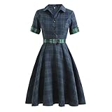 IFOUNDYOU Kleid Damen Elegant Plaid Rockabilly Kleider mit Gürtel Knopf Revers Stretch Freizeitkleider Winter Kurzarm Damenkleid Business Retro Blusenkleid Hohe Taille Hepburn Abendkleid Partyk