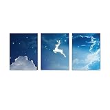 Blauer Himmel Weiße Wolken Starlight Moon Fawn Landschaft Abstraktes Poster Leinwanddruck Wandkunst Bild Wohnkultur （40x50cm/15.7x19.7inch） x3pcs R