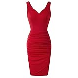 GRACE KARIN Damen Vintage Kleid Pleated Bleistiftkleid Ärmellos V-Ausschnitt Cocktail Party Kleid M Rot CLS02497-2