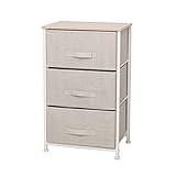 Meerveil Kommode, Aufbewahrungsschrank für Kleiderschränke mit 3 Schubladen aus Stoff, Oberfläche mit Holzmaserung, Schmal Schrank für Schlafzimmer, Kinderzimmer, Flur, Weiß/Beig