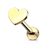 beyoutifulthings 1 Knorpel Ohr-stecker Flat-Top Herz Cartilage Labret Piercing-s Tragus Gold Edelstahl Schraub-Verschluss Steg 6,5/1,2