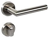 Türbeschlag Edelstahl Drückergarnitur Zimmertür Türgriff auf Rund-Rosette - L-FORM | WC - Badezimmer | Edelstahl matt | Türklinke für Türstärke 35 – 47 mm | 1 Garnitur mit Befestigung