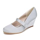 GIVROLDZ Hochzeits Schuhe Für Damen Keil Satin Komfortabel Braut Schuhe Runder Zeh Geschlossene Zehe Party-Abendschuhe Brautjungfern Schuhe,Silber,42