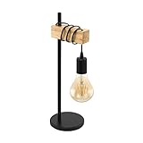 EGLO Tischlampe Townshend, 1 flammige Vintage Tischleuchte im Industrial Design, Retro Lampe, Nachttischlampe aus Stahl und Holz, Farbe: Schwarz, braun, Fassung: E27, inkl. S