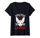 Damen Funny Satan Cat Lucipurr Goth 666 Okkult Satanic Pentagramm T-Shirt mit V