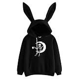 Notinzo Mädchen Hoodies Cute Print Kaninchenohren Pullover Kordelzug Tasche Herbst Winter Pullover, C Schwarz, 48