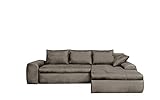 lifestyle4living Ecksofa mit Schlaffunktion und Bettkasten in Hell-Grau | Gemütliches Mikrofaser L-Sofa im Vintage-Look mit Stauraum inkl. 4 Rückenk