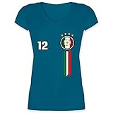 Fussball WM 2022 Fanartikel - 12. Mann Italien Emblem - L - Türkis - Italien Fan - XO1525 - Damen T-Shirt mit V