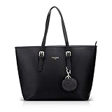 LI&HI Damen Handtasche Shopper Handtasche Schwarz Elegant Schwarze Groß Damen Tasche für Büro Schule Einkauf mit Pelz Kugel Plüsch Schlüsselring (Verbesserte Version) - 34/29/15.5 CM