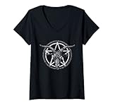 Damen Baphomet Pentagramm aus Satan Ziegenkopf Gothic Okkult T-Shirt mit V