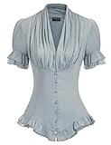 Damen Spitzen Shirt Kurzarm Renaissance Elegante Rüschenbluse für Party Blau-grau XL