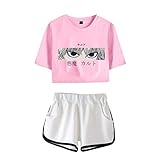 Morken Hunter X Hunter T-Shirt ＋ Hosen Sets Damen Killua Eyes Hisoka Shirt Und Shorts Anime 3D Druck Sommer Tops Anzug Bauchfrei Oberteile Kurze Tank Top Kurzarm Blusen A Rosa Weiß S