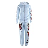 Damen-Jogging-Outfit-Set, Schmetterlings-Druck, Reißverschluss, Kapuzen-Sweatshirt + Kordelzug, Sweatpant, Trainingsanzug, 2-teiliges Sport-Set (blau, Einheitsgröße)