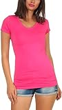 Jela London Damen Longshirt T-Shirt lang Stretch V-Ausschnitt Kurzarm einfarbig sexy eng-anliegend, Pink 40-42 (XXL)