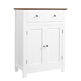 VASAGLE Badezimmerschrank, Badschrank mit Schublade und verstellbarem Zwischenfach, Küchenschrank, Aufbewahrungsschrank, Landhausstil, MDF-Platten, 60 x 30 x 80 cm, weiß-braun BBC62WT