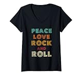 Damen Vintage Peace Love Rock And Roll Rock Concert T-Shirt mit V