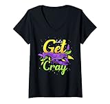 Damen Mardi Gras Trinkfisch Lets Get Cray Funny Crawfish T-Shirt mit V