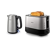 Philips Daily Collection HD9351/90 Elektrischer Wasserkocher, 1,7 l, 2200 W & HD2637/90 Toaster, 7 Stufen, Brötchenaufsatz, Stopp-Taste, 1000 W, schwarz/