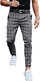 OOGUDE Herren Plaid Hose Slim Fit Stretch Kariert Muster Chino Hose Mode Casual Elastizität Knopf mit Taschen, grau, 34-37