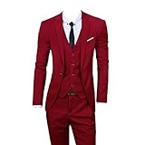 3-Teiliger Business Anzug Für Herren 1 Knöpfe Schmale Einfarbige Jacke Smoking Anzüge Elegante Hochzeits-Blazer Weste Hose (M,Rot)