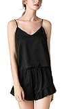 FEOYA Damen Pyjama-Set mit Hosenträgern aus Satin, kurze Hose, bequem, leicht, elegant, aus Seide, lässig, Sommer, S-XL Gr. M, Schw