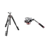 Manfrotto MT190XPRO4 Aluminium Stativ mit 4 Segmenten, schwarz & Fluid-Video-Neiger mit Flacher Basis und Schwenkgriff, Video-Kopf für Camcorder und VDSLR-Kameras, für Filmaufnahmen, Videog