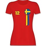 Fussball WM 2022 Fanartikel - 12. Mann Schweden Emblem - S - Rot - Kurzarm - L191 - Tailliertes Tshirt für Damen und Frauen T-S