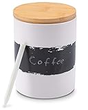 Lambda Coffee® Kaffeedose weiß aus Keramik 1000ml luftdicht | mit Kreide & Beschriftungstafel | Vorratsdose mit Holzdeckel zur Aufbewahrung von Kaffee, Mehl, Zucker, Tee, N