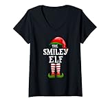 Damen Weihnachtspyjama mit Elfenfamilie, Motiv: Smiley T-Shirt mit V