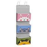 SONGMICS Hängender Organizer, hängende Tasche, Hängeaufbewahrung, mit 3 Taschen und 2 Haken, 33 x 11,5 x 90 cm, Tier-Motiv, für Tür, Wand, Kleiderschrank, Kinderzimmer, rosa-blau-grün-grau RFB731P01