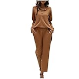 ROYIYI Frauen 2 Teilig Freizeitanzug Kapuzenpullover Lange Ärmel Zipper Top + Lange Hose Sportswear 2 Stück Bekleidungsset Sport Damen Sportanzüge Jogginganzug Jogginganzug (Kaffee, L)