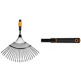Fiskars Fächerbesen, Werkzeugkopf, Mit 20 Zinken, Breite: 43 cm, Stahl-Zinken, Schwarz/Orange, QuikFit & Original Fiskars QuikFit Handgriff für QuikFit Handgeräte, Länge 30 cm, Schwarz/Orang