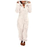 Damen Onesies Pyjama Jumpsuit Kapuze Einfarbig Dicker Plüsch Fleece Overall Schlafanzug Frauen Teenager Warme Bequem Weiche Nachtwäsche mit Taschen und Zipper Erwachsene H