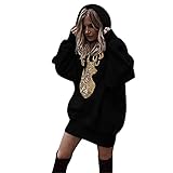 Masrin Herbstkleid Damen Weihnachts Sweatshirt Kleid mit Elch Print Lässiges Pulloverkleid mit Pailletten und Rentiermotiv Kapuzenpullover mit Kordelzug Minik