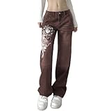 Mayber Damen Indie Aesthetic Jeans Vintage Niedrige Taille Baggy Denim Hosen Gerade Breites Bein Jeanshosen 90er Hippie Y2K Streetwear (Braun, S)